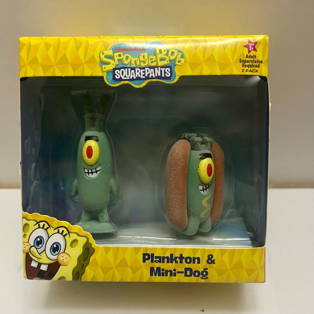 SpongeBob Squarepants Plankton & Mini-Dog 2.25" Flocked Figures 2 Pack New